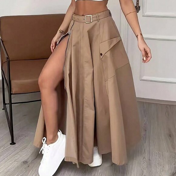 Khaki Casual Women's Side Zipper Pocket Button Minimalist A-Line Skirt - Picture 3 of 3